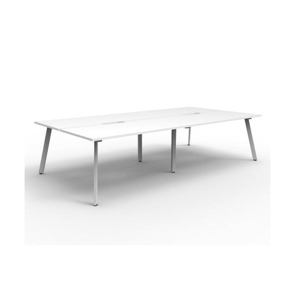 Rapidline Eternity back to back 4 person workstation in Natural White with a White Satin base, no screen, wide angled studio view on a white background