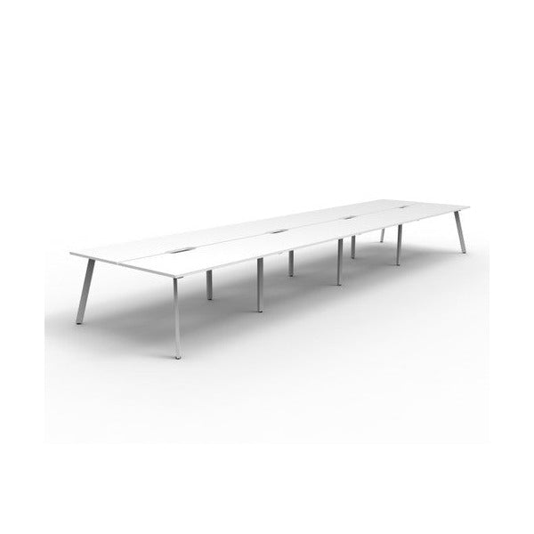 Rapidline Eternity back to back 8 person workstation in Natural White with a White Satin base, no screen, wide angled studio view on a white background