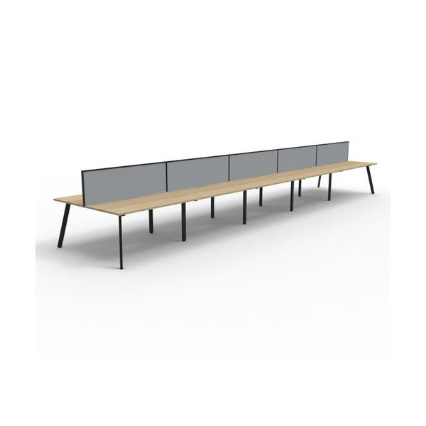 Second angled view of the Rapidline Eternity 10 person back to back workstation in Natural Oak and Black Satin with Grey fabric SHUSH30 screens