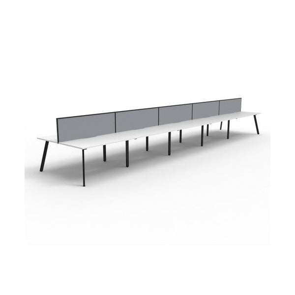 Second angled view of the Rapidline Eternity 10 person back to back workstation in Natural White and Black Satin with Grey fabric SHUSH30 screens