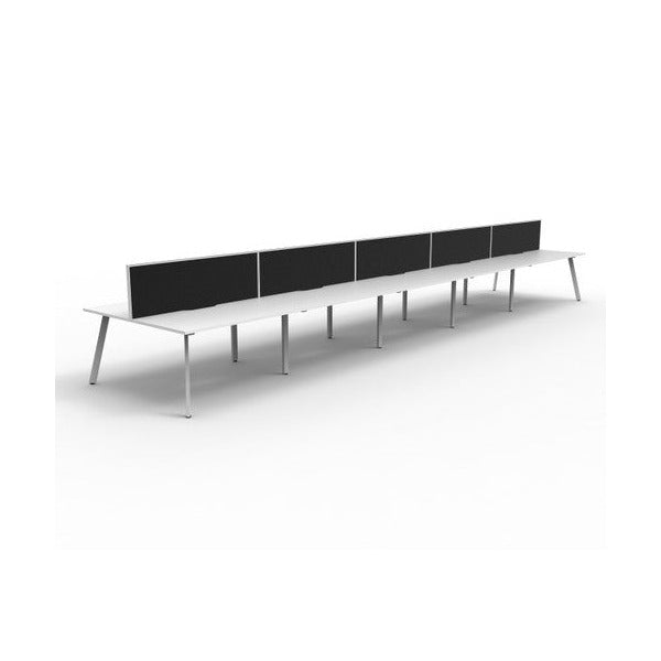 Second angled view of the Rapidline Eternity 10 person back to back workstation in Natural White and White Satin with Black fabric SHUSH30 screens