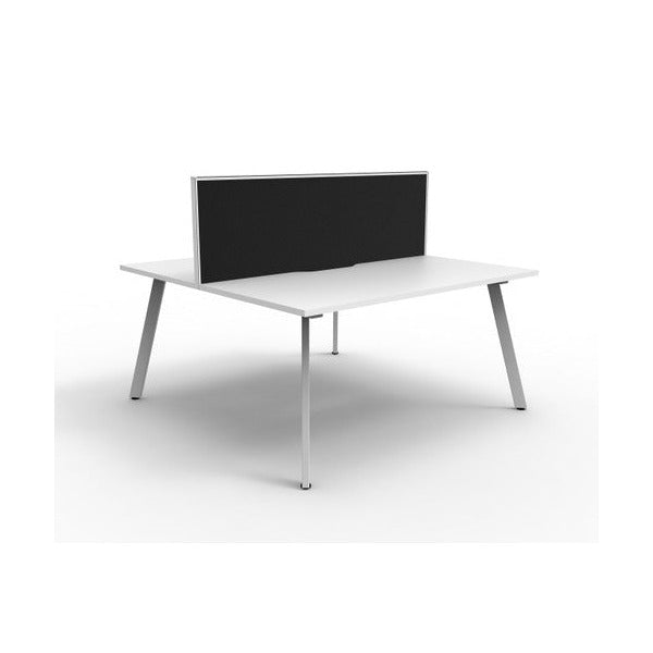 Studio image of the Rapidline Eternity back to back 2 person workstation in Natural White with a White Satin base and a black fabric screen, on a white background