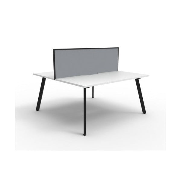 Studio image of the Rapidline Eternity back to back 2 person workstation in Natural White with a Black Satin base and a grey fabric screen, on a white background
