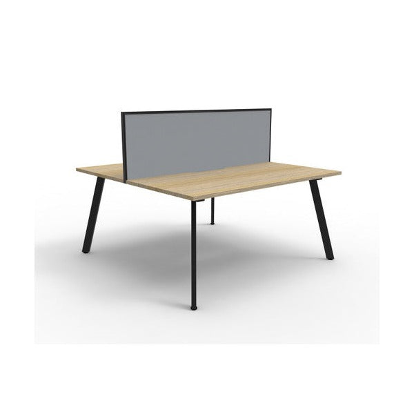 Studio image of the Rapidline Eternity back to back 2 person workstation in Natural Oak with a Black Satin base and a grey fabric screen, on a white background