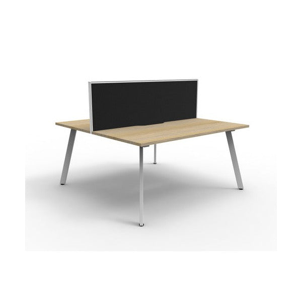 Studio image of the Rapidline Eternity back to back 2 person workstation in Natural Oak with a White Satin base and a black fabric screen, on a white background