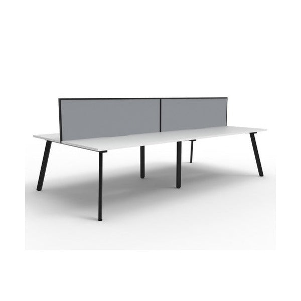 Second angled view of the Rapidline Eternity 4 person back to back workstation in Natural White and Black Satin with Grey fabric SHUSH30 screens