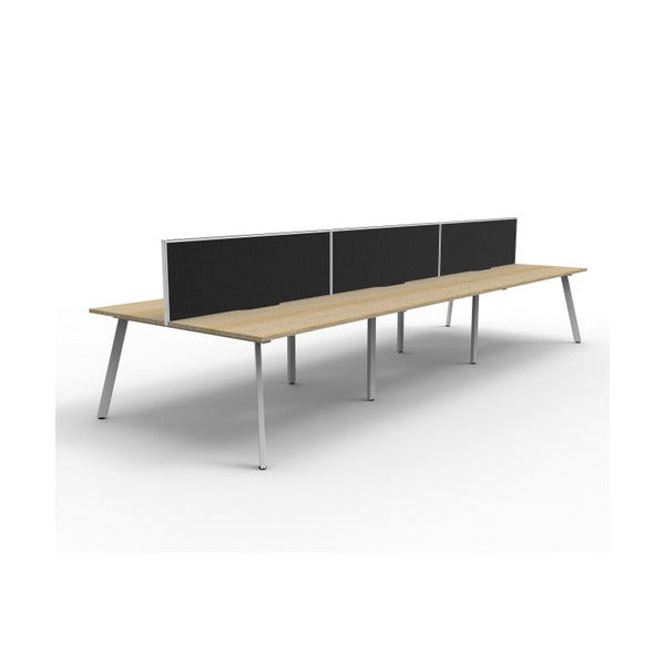 Second angled view of the Rapidline Eternity 6 person back to back workstation in Natural Oak and White Satin with Black fabric SHUSH30 screens
