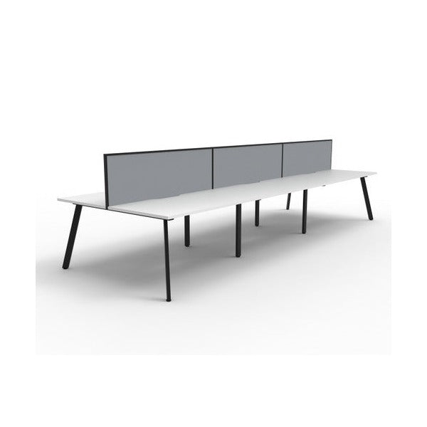 Second angled view of the Rapidline Eternity 6 person back to back workstation in Natural White and Black Satin with Grey fabric SHUSH30 screens