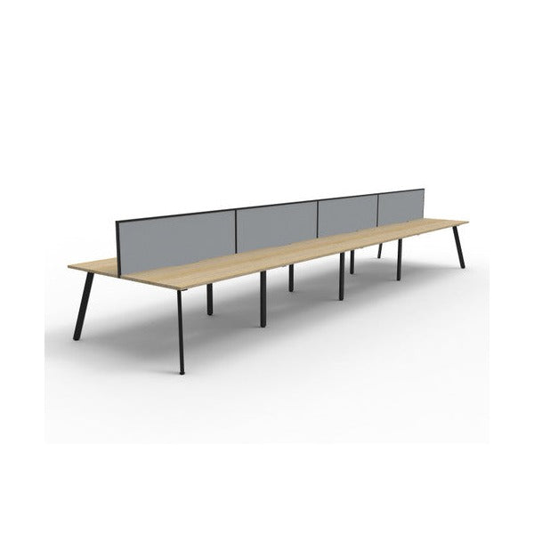 Second angled view of the Rapidline Eternity 8 person back to back workstation in Natural Oak and Black Satin with Grey fabric SHUSH30 screens