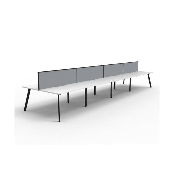 Second angled view of the Rapidline Eternity 8 person back to back workstation in Natural White and Black Satin with Grey fabric SHUSH30 screens