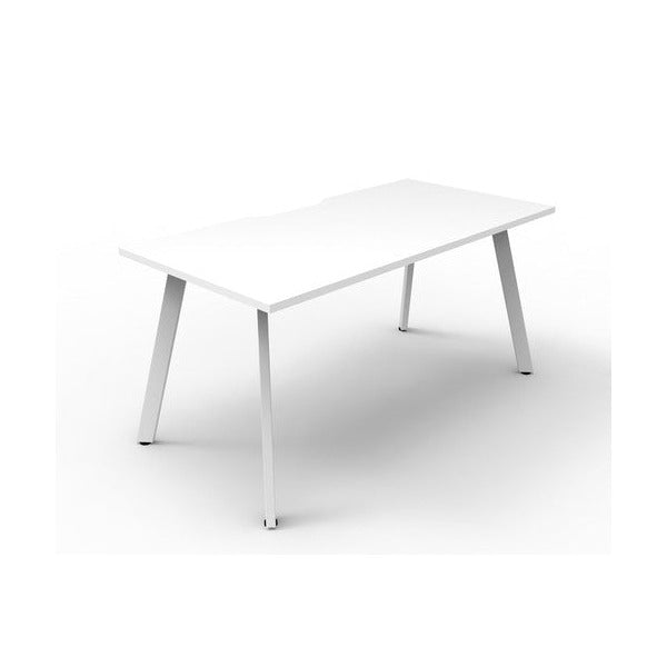 Rapidline Eternity single sided desk with Natural White scalloped top and White Satin 45 degree legs, three quarter view on a white background