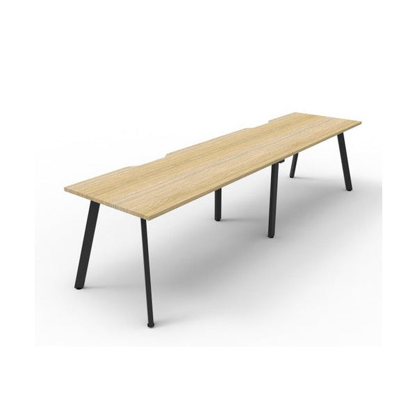 Product image of the Rapidline Eternity 2 person single sided workstation in natural oak and black satin, shown from a raised angle