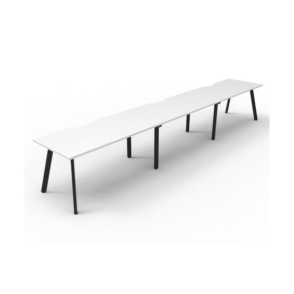 Product image of the Rapidline Eternity 3 person single sided workstation in natural white and black satin, shown from a raised angle