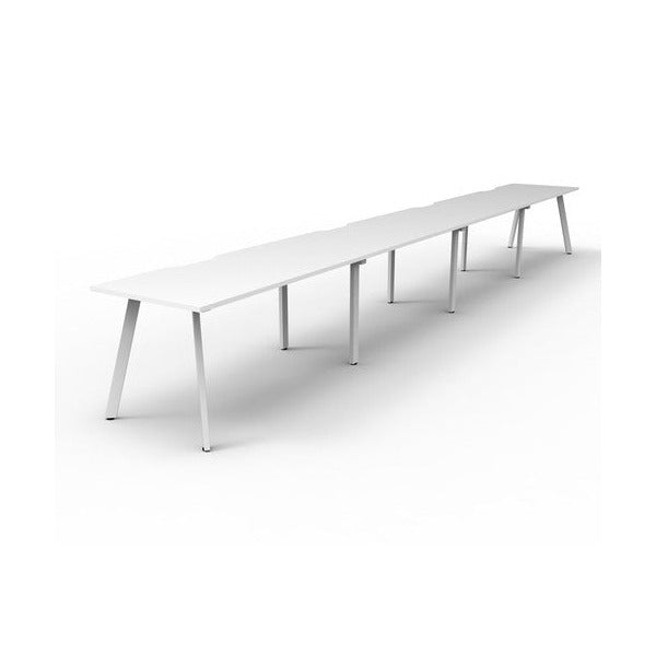 Second angled view of the Rapidline Eternity single sided 4 person workstation with Natural White tops and White Satin legs.