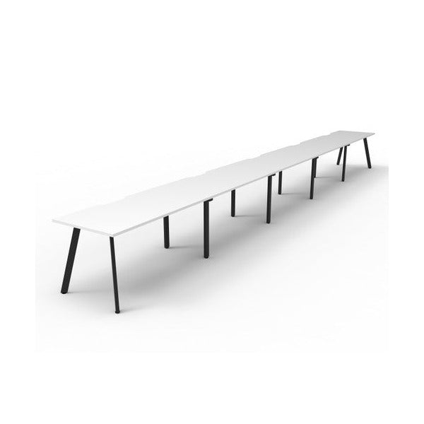 Second angled view of the Rapidline Eternity single sided 5 person workstation with Natural White tops and Black Satin legs.