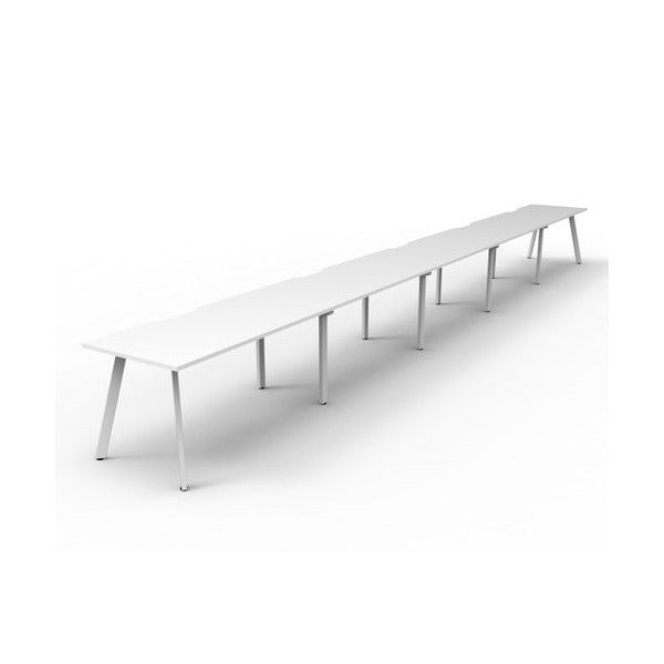Second angled view of the Rapidline Eternity single sided 5 person workstation with Natural White tops and White Satin legs.