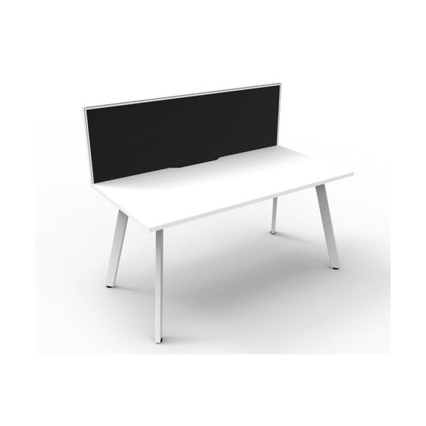 Rapidline Eternity single sided desk with Natural White scalloped top and White Satin 45 degree legs, fitted with a SHUSH30 aluminium framed screen in black fabric, three quarter view on a white background