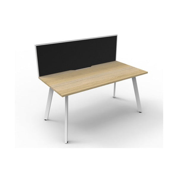 Rapidline Eternity single sided desk with Natural Oak scalloped top and White Satin 45 degree legs, fitted with a SHUSH30 aluminium framed screen in black fabric, three quarter view on a white background