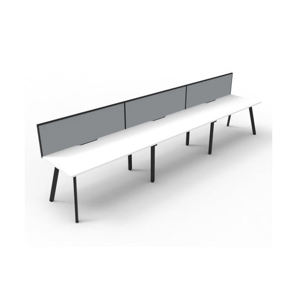 Product image of the Rapidline Eternity 3 person single sided workstation in natural white and black satin, with grey fabric screens, shown from a raised angle