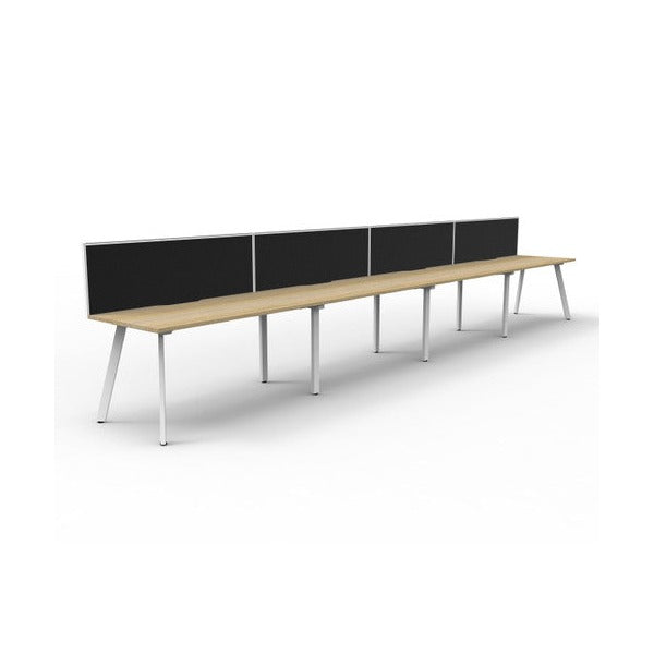 Second angled view of the Rapidline Eternity single sided 4 person workstation with Natural Oak tops, White Satin legs and a black fabric screen.