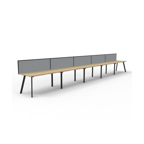 Second angled view of the Rapidline Eternity single sided 5 person workstation with Natural Oak tops, Black Satin legs and a grey fabric screen.