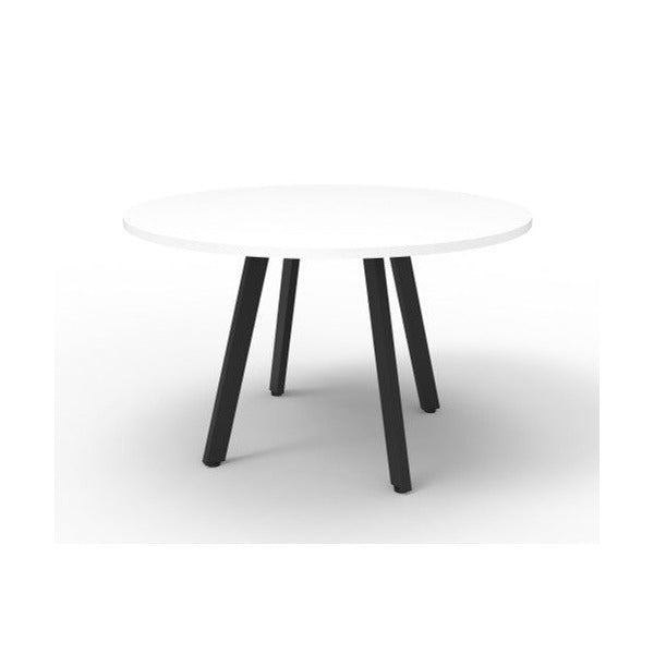 Rapidline Eternity round meeting table with a Natural White top and black splayed legs, supplied product image on a white background