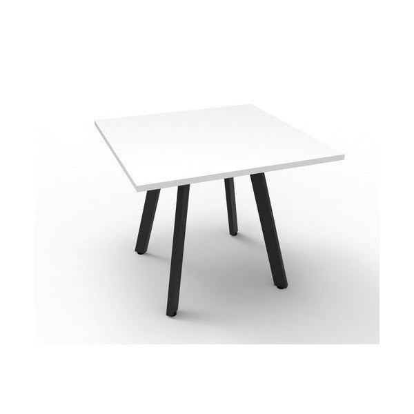 Rapidline Eternity square meeting table with a natural white top and black satin legs, showing the splayed four leg frame.