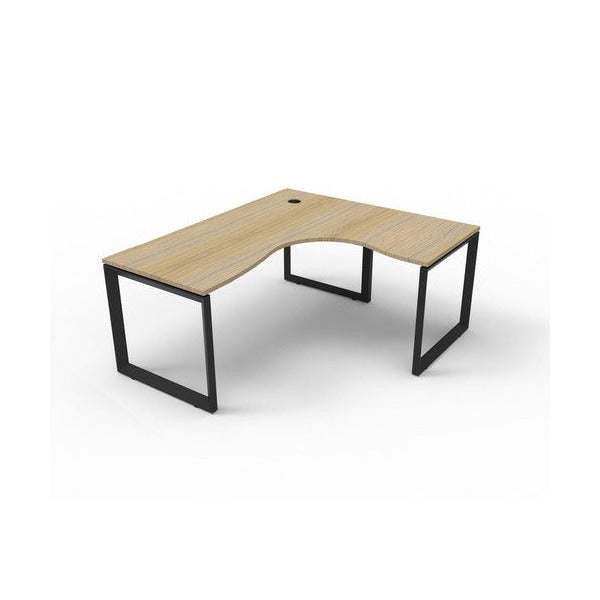 Product image of the Rapidline Infinity corner workstation with a natural oak worksurface on a black satin loop leg underframe