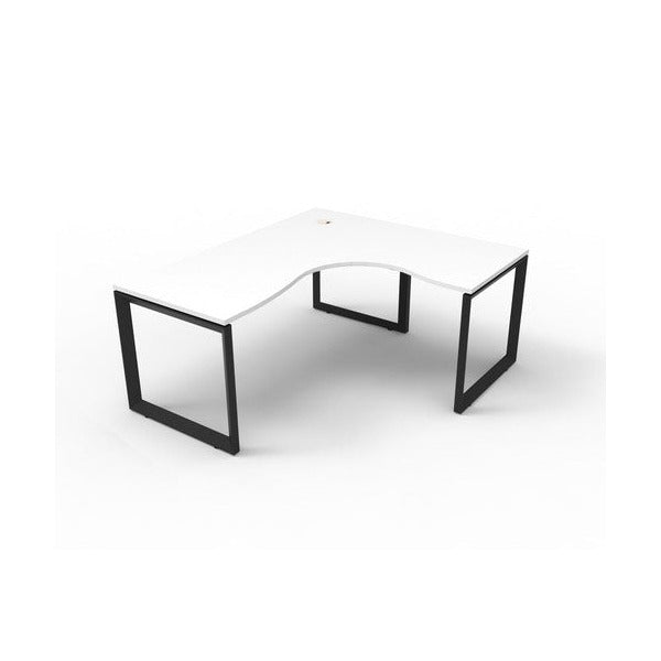 Product image of the Rapidline Infinity corner workstation with a natural white worksurface on a black satin loop leg underframe