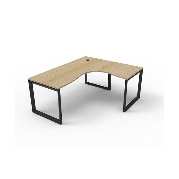 Product image of the Rapidline Infinity corner workstation with a natural oak worksurface on a black satin loop leg underframe