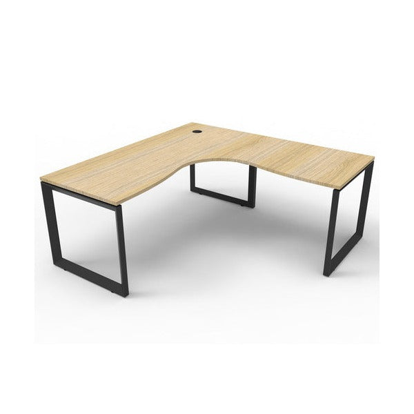 Product image of the Rapidline Infinity corner workstation with a natural oak worksurface on a black satin loop leg underframe