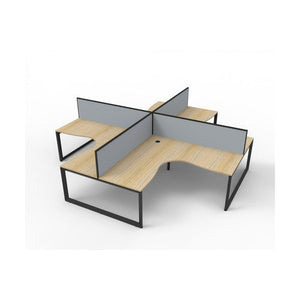 Rapidline Deluxe Rapid Infinity loop leg four person corner workstation pod with natural oak tops, black satin frames and grey fabric desk mounted screens, angled studio render