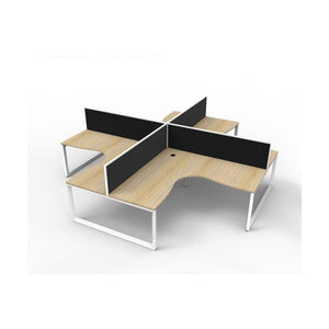 Rapidline Deluxe Rapid Infinity loop leg four person corner workstation pod with natural oak tops, white satin frames and black fabric desk mounted screens, angled studio render