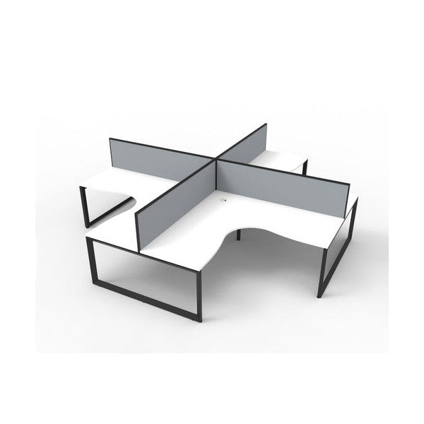 Rapidline Deluxe Rapid Infinity loop leg four person corner workstation pod with natural white tops, black satin frames and grey fabric desk mounted screens, angled studio render