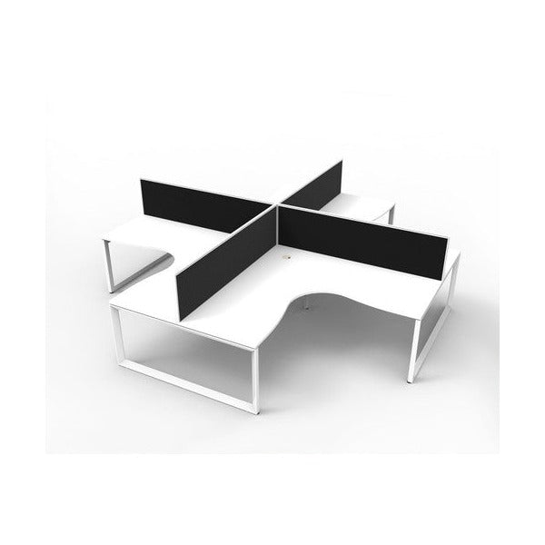 Rapidline Deluxe Rapid Infinity loop leg four person corner workstation pod with natural white tops, white satin frames and black fabric desk mounted screens, angled studio render