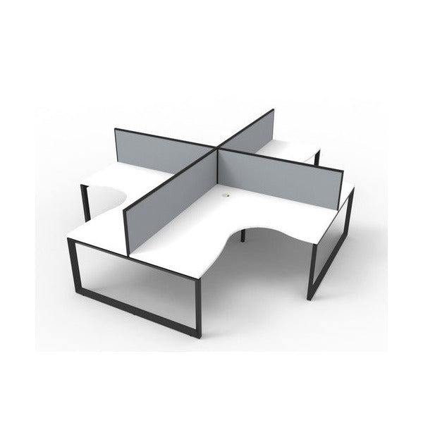 Rapidline Deluxe Rapid Infinity loop leg four person corner workstation pod with natural white tops, black satin frames and grey fabric desk mounted screens, angled studio render