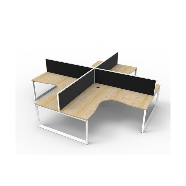 Rapidline Deluxe Rapid Infinity loop leg four person corner workstation pod with natural oak tops, white satin frames and black fabric desk mounted screens, angled studio render