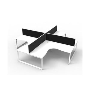 Rapidline Deluxe Rapid Infinity loop leg four person corner workstation pod with natural white tops, white satin frames and black fabric desk mounted screens, angled studio render