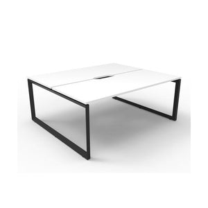 Rapidline Deluxe Infinity two person back to back workstation with Natural White tops on Black Satin loop legs, high corner view.