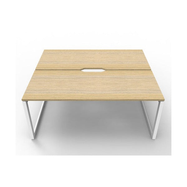 Rapidline Deluxe Infinity back to back 2 person loop leg workstation, Natural Oak top on White Satin base, raised front view looking across the tops