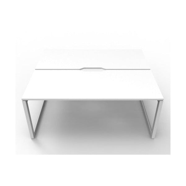 Rapidline Deluxe Infinity back to back 2 person loop leg workstation, Natural White top on White Satin base, raised front view looking across the tops
