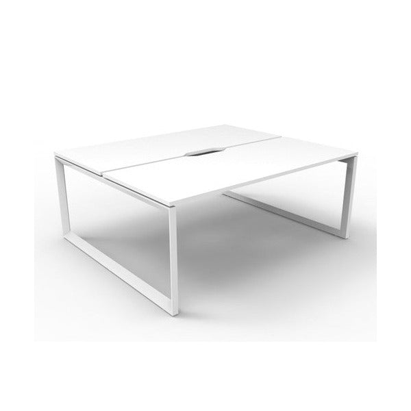 Rapidline Deluxe Infinity back to back 2 person loop leg workstation, Natural White top on White Satin base, angled view along the run from the front left