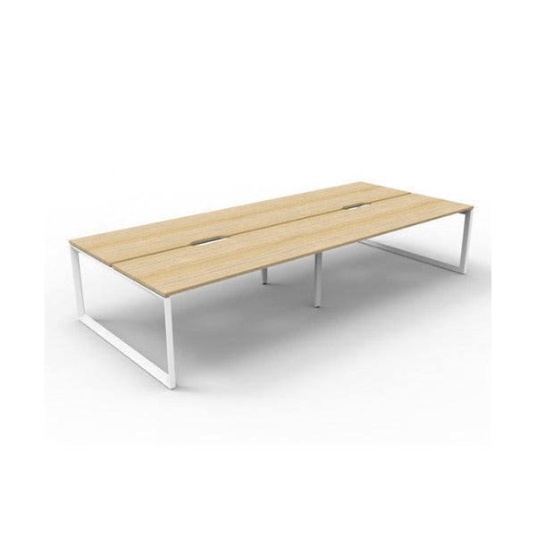 Rapidline Deluxe Infinity 4 person back to back workstation in Natural Oak with White Satin loop legs, raised angled view