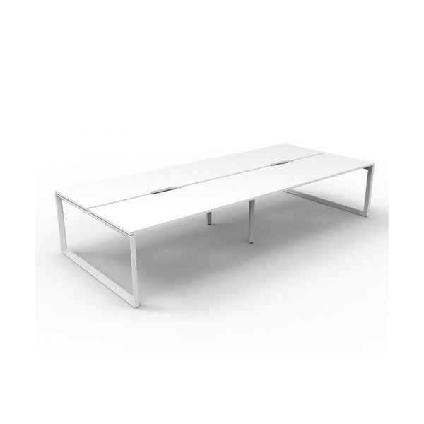 Rapidline Deluxe Infinity 4 person back to back workstation in Natural White with White Satin loop legs, raised angled view