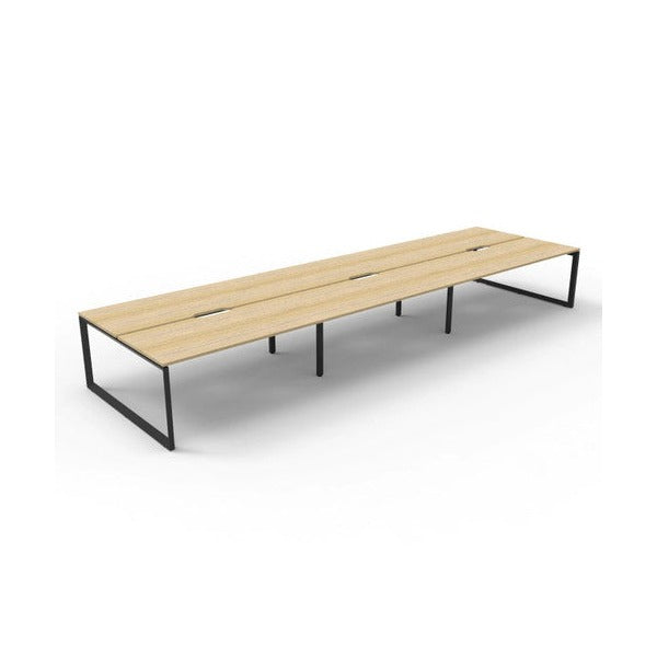 Rapidline Deluxe Infinity 6 person back to back workstation in Natural Oak with Black Satin loop legs, raised angled view