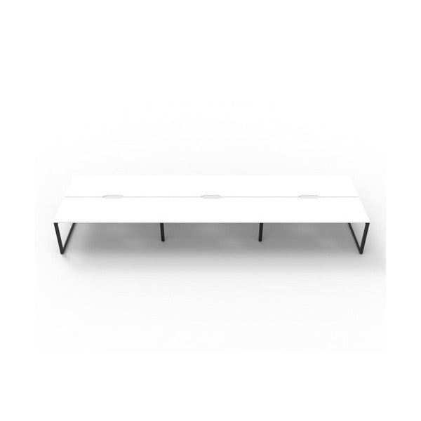 Rapidline Deluxe Infinity 6 person back to back workstation in Natural White with Black Satin loop legs, low front view along the run