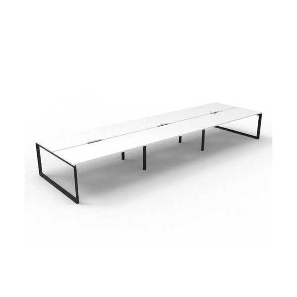 Rapidline Deluxe Infinity 6 person back to back workstation in Natural White with Black Satin loop legs, raised angled view