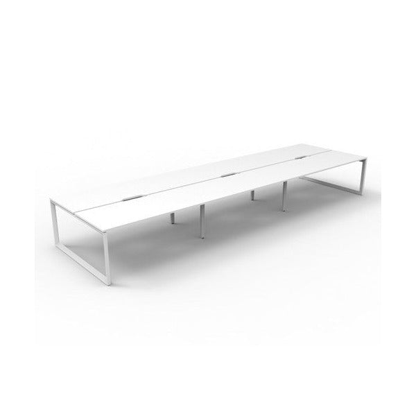 Rapidline Deluxe Infinity 6 person back to back workstation in Natural White with White Satin loop legs, raised angled view