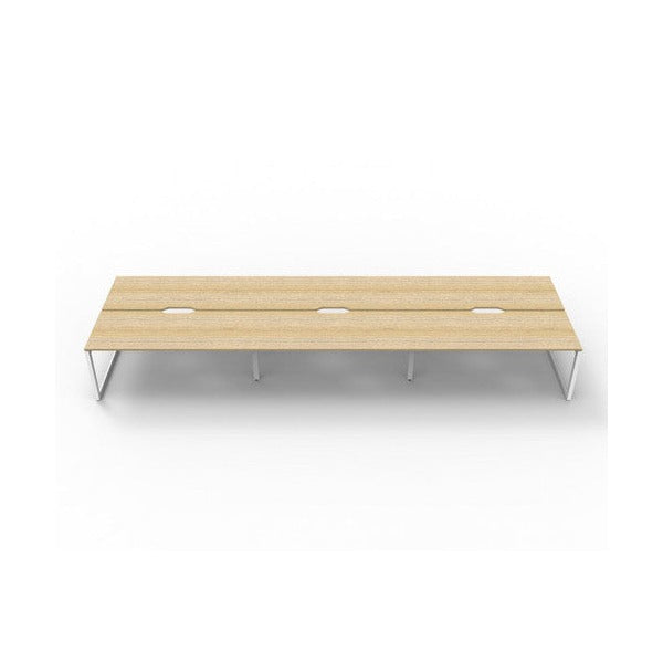 Rapidline Deluxe Infinity 6 person back to back workstation in Natural Oak with White Satin loop legs, low front view along the run