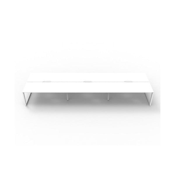Rapidline Deluxe Infinity 6 person back to back workstation in Natural White with White Satin loop legs, low front view along the run